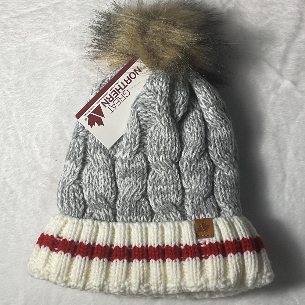Gray and White Knit Pom Beanie winter hat